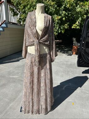 COPY - Animal Print Tie Front Kimono + Maxi Skirt Set (2pc)
